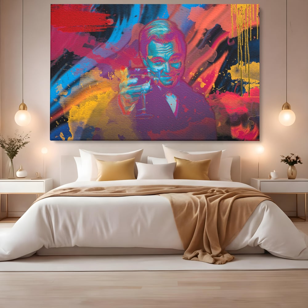 Tablou canvas cu tablou canvas cu leonardo dicaprio, fara rama, pe sasiu de lemn, pe perete intr-un dormitor